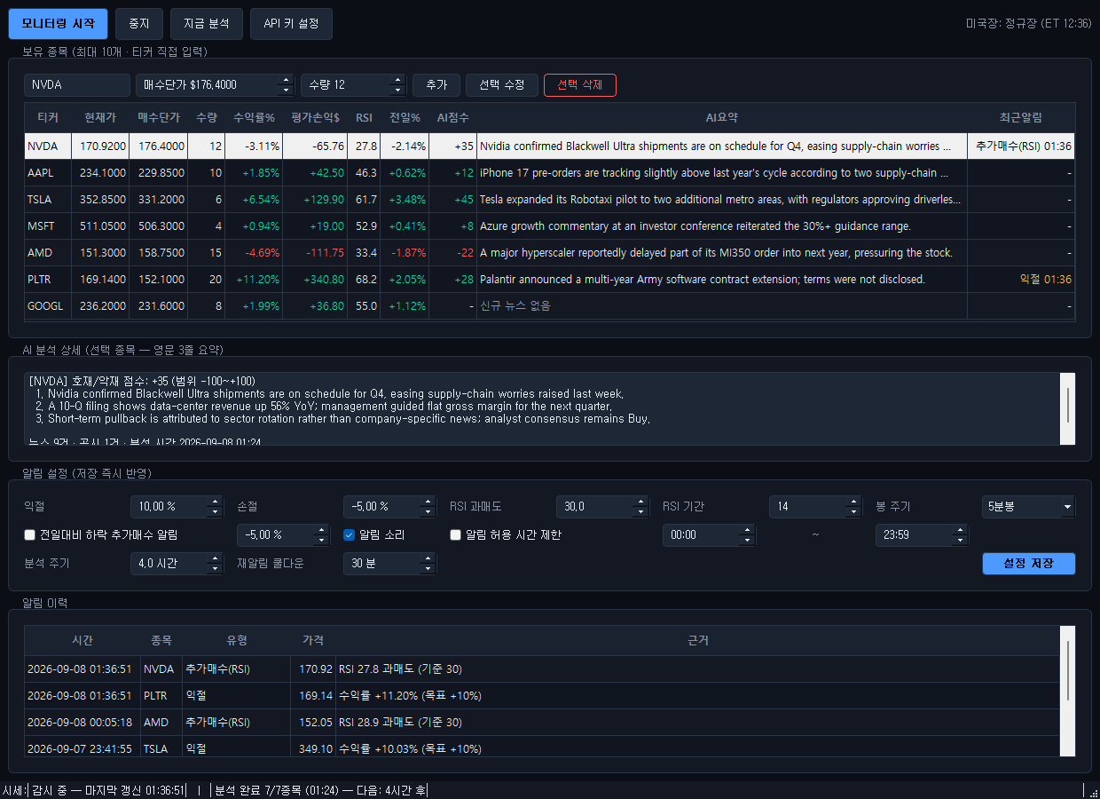 미국주식 AI 뉴스분석 알림 프로그램 메인 화면 — 티커별 현재가·매수단가·수익률·RSI·AI 점수 표, 선택 종목의 AI 분석 상세, 알림 설정과 알림 이력
